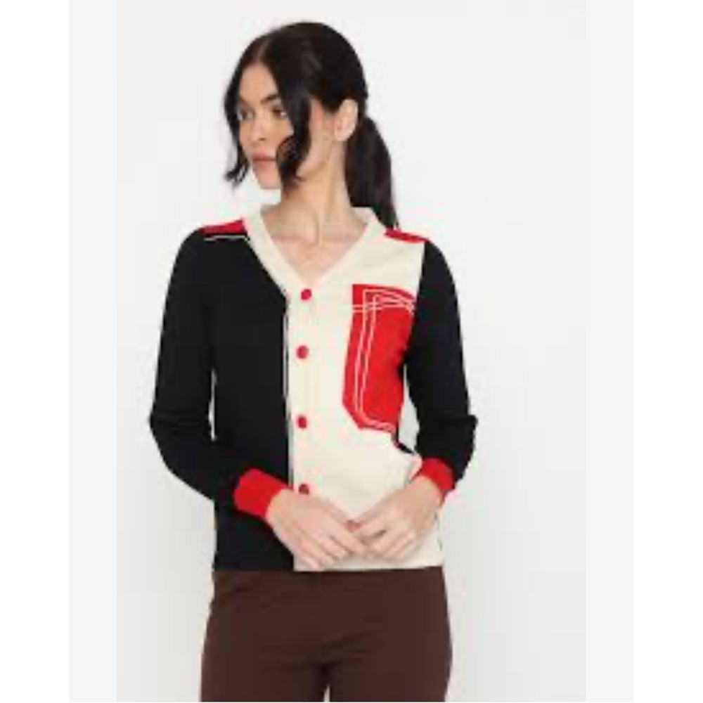 Colorblock Geometric V-Neck Cardigan Sweater Black Cream Red Button Front Unisex